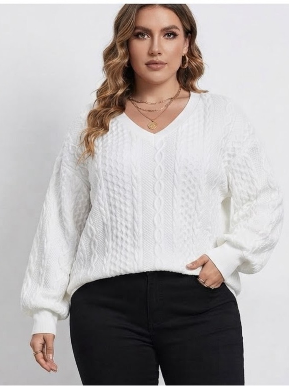 SHEIN White V-Neck Cable Knit Sweater